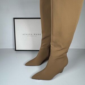 Azalea Wang Erwin Tan Knee High Wedge Boots Pointed Toe Tall Boot multiple sizes
